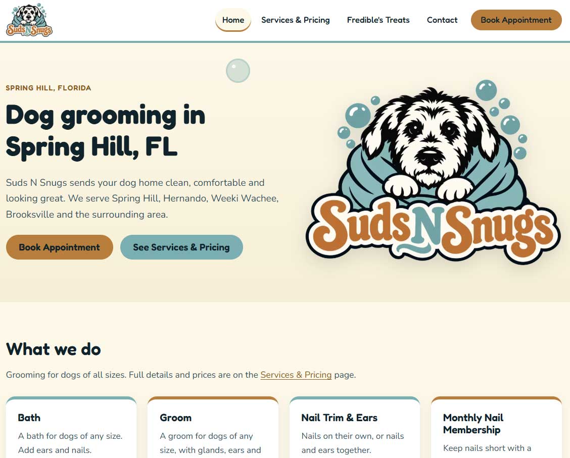 Suds N Snugs website homepage